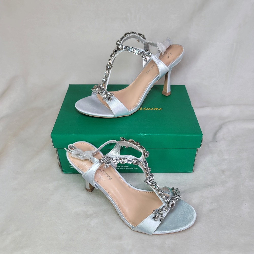 Lauren Lorraine Fay Silver Satin Rhinestone Heels Special Occasion 7 Princess